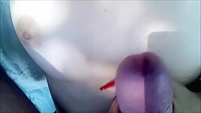 Outdoor quick risky handjob, cum on tits