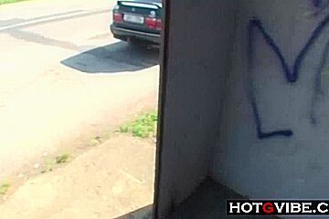 PUBLIC Bus Stop Slut Fucks 2 Guys