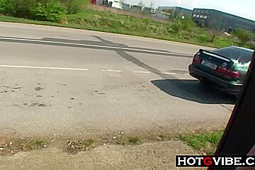 PUBLIC Bus Stop Slut Fucks 2 Guys