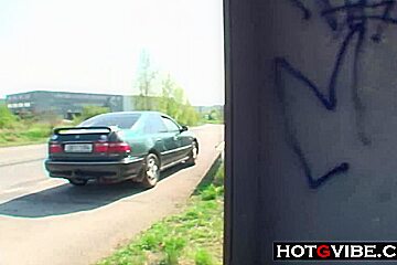 PUBLIC Bus Stop Slut Fucks 2 Guys