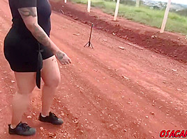 Plump brunette is sucking cock in the nature, during the day and getting fucked, from behind