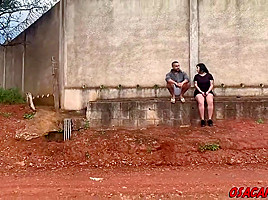 Plump brunette is sucking cock in the nature, during the day and getting fucked, from behind