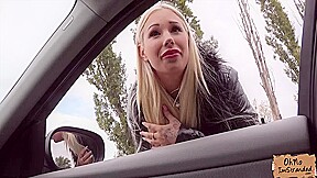 Pretty cock crazed blonde slut Kyra Hot blows off a big fat dick