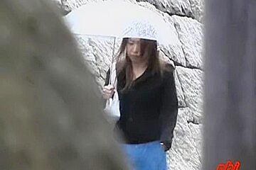 Rain sharking meeting with long-legged skinny tramp being caught of her guard
