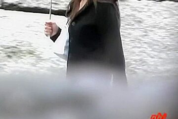 Rain sharking meeting with long-legged skinny tramp being caught of her guard