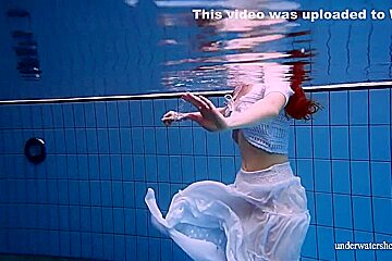Redhead Marketa In A White Dress In The Pool