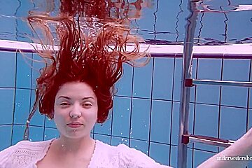 Redhead Marketa In A White Dress In The Pool