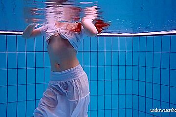 Redhead Marketa In A White Dress In The Pool