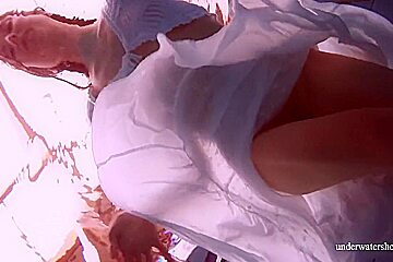 Redhead Marketa In A White Dress In The Pool