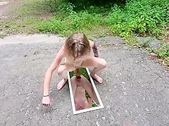 Sarah Evans - Hot Sarah Evans Tight Pink Pussy Spreads Open As She Rides A Huge Dildo In Public