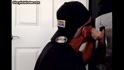 Senior gloryhole amateur gay blows BFs dick through hole