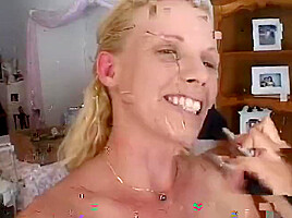 Sexy Blond Takes Cock In Her Mouth, Tight Ass And Cunt In The Couch And Eats Cum