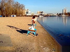 Sexy Russian Babe Strips and runs into Icy River