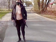 Shameless Wife Walks Down The Street In A Public Place