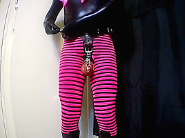 Sissys chastity belt cage and big dildo