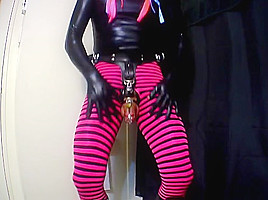 Sissys chastity belt cage and big dildo