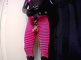 Sissys chastity belt cage and big dildo