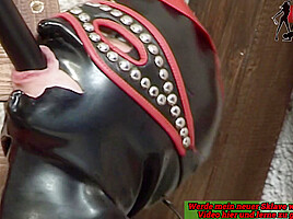 Skinny femdom milf in latex mask get fucked from slave