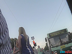 Slim blonde wears mini skirt in upskirting porn