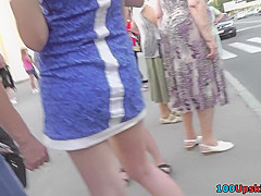 Slim blonde wears mini skirt in upskirting porn