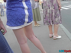 Slim blonde wears mini skirt in upskirting porn