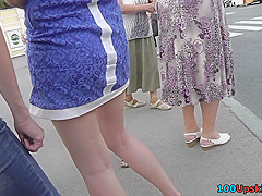 Slim blonde wears mini skirt in upskirting porn