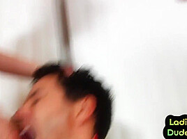 Strapon doms fuck guy in group revenge pegging for deep BJ