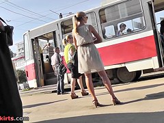 Stunning blonde filmed by spy upskirt camera in public