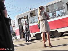 Stunning blonde filmed by spy upskirt camera in public