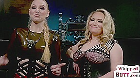 Submissive lez babe pussywhipped by bosomy lezdom MILF