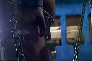 Two busty trannies fuck bdsm dude on a table