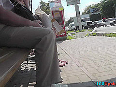Upskirting filmed skinny ass of a brunette gal