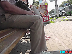 Upskirting filmed skinny ass of a brunette gal