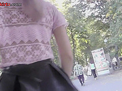 Upskirting vid of an auburn-hair gal in a public place